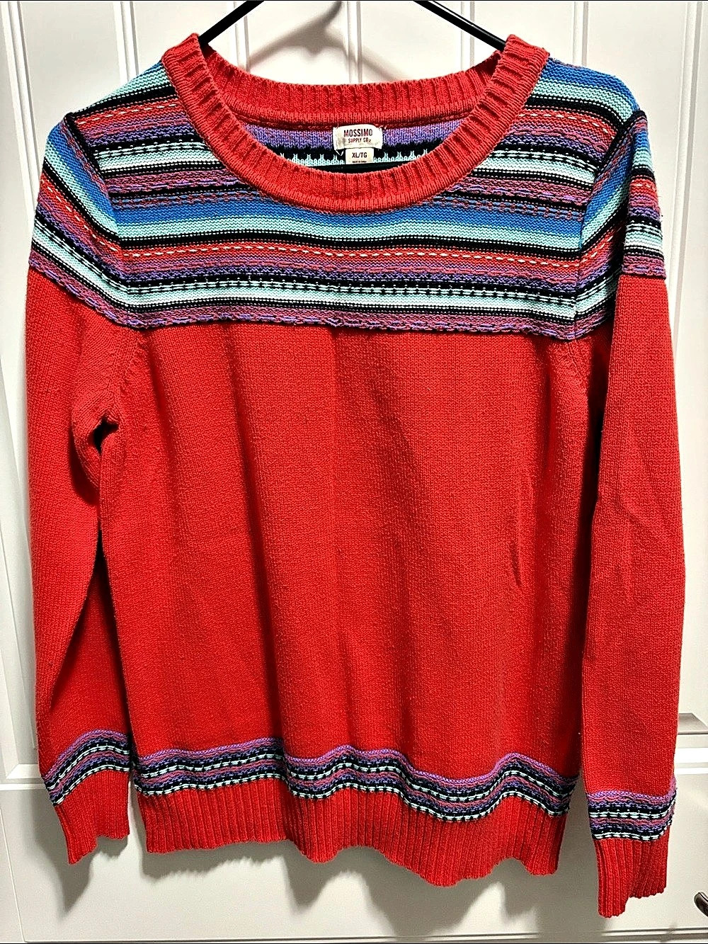 Mossimo Supply Co XL Red Fair Isle Stripe Knit Sweater Cotton Blend